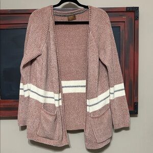 POL Open-Front Dusty Rose Cardigan with White & Gray Stripes